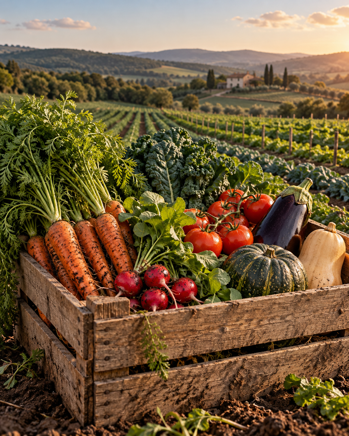 A wooden crate of colorful seasonal vegetables beside sunlit farm rows